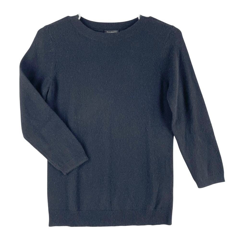 Talbots Womens Audrey Pure Cashmere Crewneck Sweater SZ XS Black 3/4 Sleeve